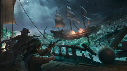 HD wallpaper of a 'Sea Of Thieves' scene with pirates steering a ship and battling a ghost ship on tumultuous seas under a starry sky.