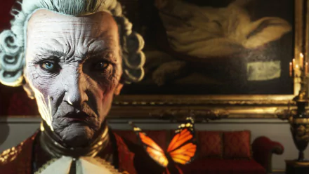 HD wallpaper of a stern, aristocratic figure from The Council with a butterfly, suitable as a desktop background.