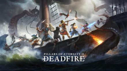 HD wallpaper featuring adventurers battling a sea monster in Pillars of Eternity II: Deadfire.