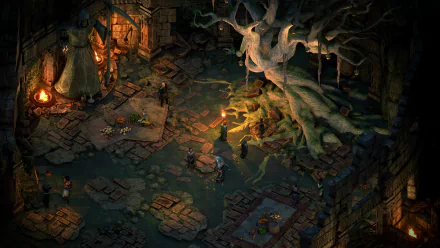 HD wallpaper of Pillars of Eternity II: Deadfire featuring a mystical in-game setting with a grand tree, characters, and firelight.