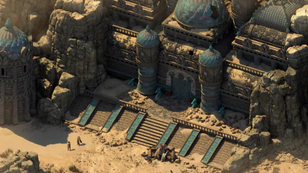 HD desktop wallpaper of Pillars of Eternity II: Deadfire featuring intricate architecture with characters near a desert temple.