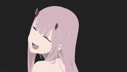 Anime-style 8K Ultra HD wallpaper featuring Zero Two from Darling in the FranXX with a joyful expression and pink hair against a dark background.