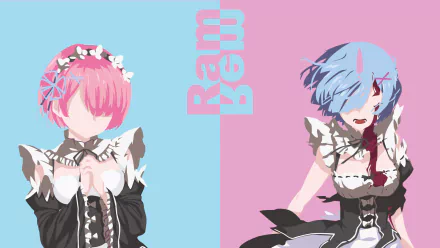 HD desktop wallpaper featuring anime characters Rem and Ram from Re:Zero - Starting Life in Another World, with a split background of blue and pink showcasing each character on opposite sides.