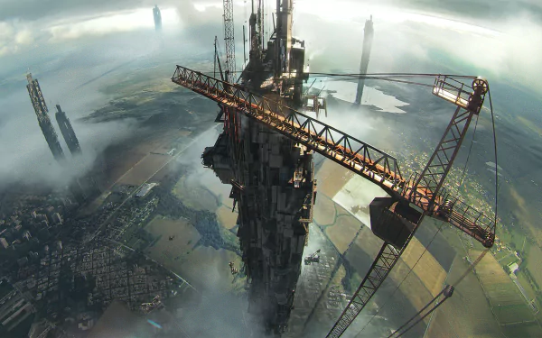 A towering sci-fi city under construction with massive cranes emerging through the clouds, captured in high-definition for a dramatic PC desktop wallpaper.
