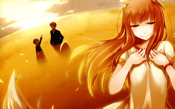 Anime-style 4K Ultra HD wallpaper featuring Holo and Kraft Lawrence from Spice and Wolf in a golden wheat field with warm, glowing sunlight.