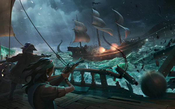 HD wallpaper of a 'Sea Of Thieves' scene with pirates steering a ship and battling a ghost ship on tumultuous seas under a starry sky.