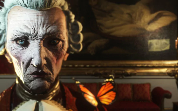 HD wallpaper of a stern, aristocratic figure from The Council with a butterfly, suitable as a desktop background.