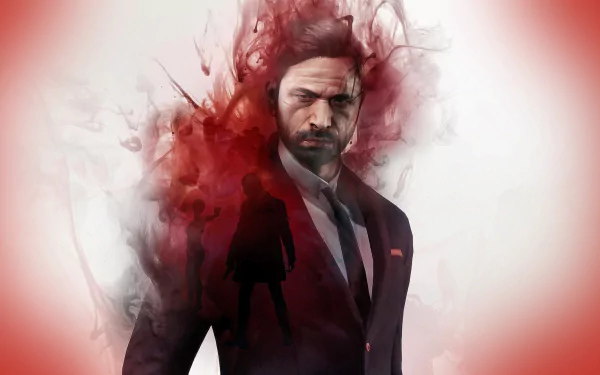 HD desktop wallpaper from Past Cure featuring a stylized man with red misty effects surrounding his head.