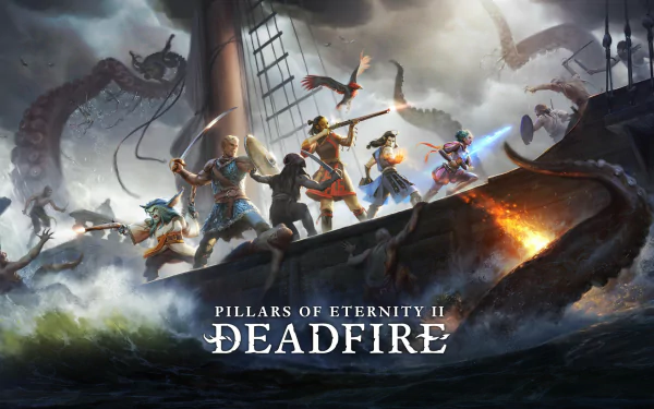 HD wallpaper featuring adventurers battling a sea monster in Pillars of Eternity II: Deadfire.