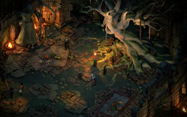 HD wallpaper of Pillars of Eternity II: Deadfire featuring a mystical in-game setting with a grand tree, characters, and firelight.
