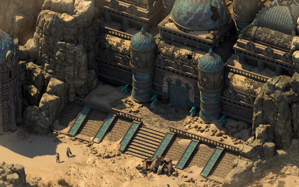 HD desktop wallpaper of Pillars of Eternity II: Deadfire featuring intricate architecture with characters near a desert temple.