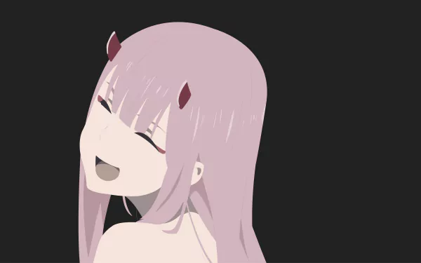 Anime-style 8K Ultra HD wallpaper featuring Zero Two from Darling in the FranXX with a joyful expression and pink hair against a dark background.