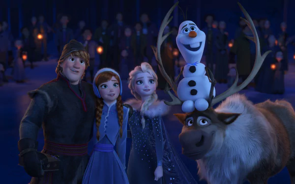 HD wallpaper featuring Olaf, Sven, Anna, Elsa, and Kristoff from Olaf's Frozen Adventure.