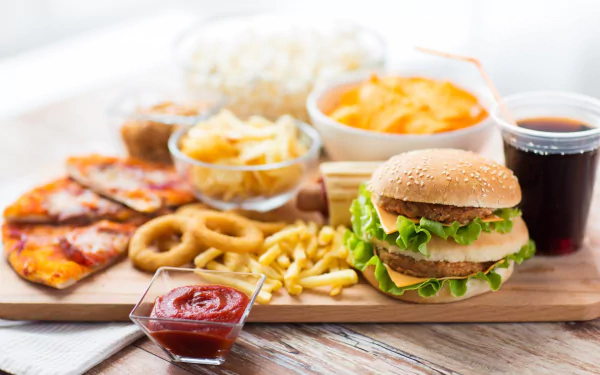 HD desktop wallpaper featuring a still life meal with a burger, fries, onion rings, pizza slices, ketchup, and a drink on a wooden table.