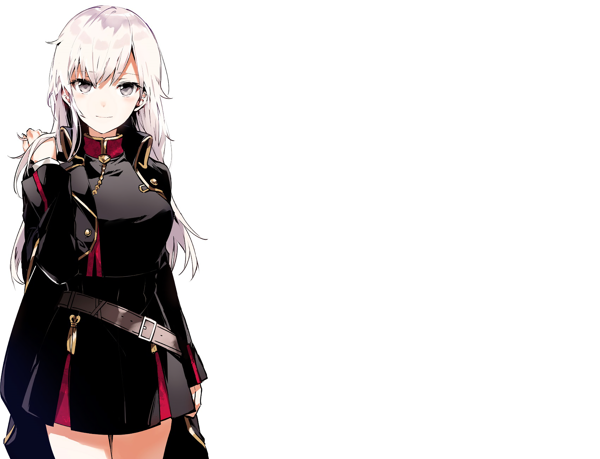 Anime original: long white-haired character with white eyes and a faint smile, wearing a dark military-style outfit on a clean white HD desktop wallpaper background.