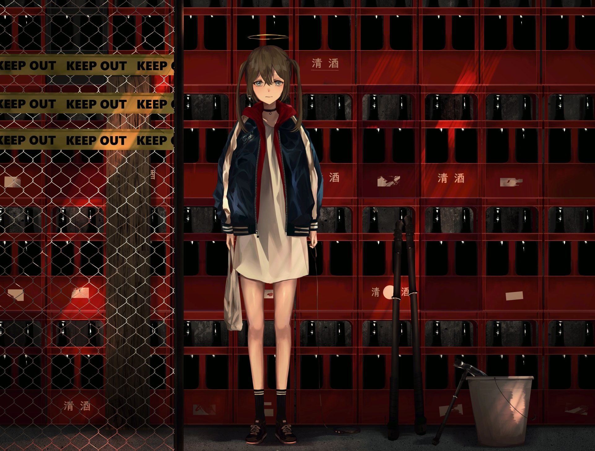 Anime original 4K Ultra HD PC desktop wallpaper: a lone girl in a navy jacket and beige dress stands before red bottle-filled shelves and KEEP OUT tape under moody neon light.