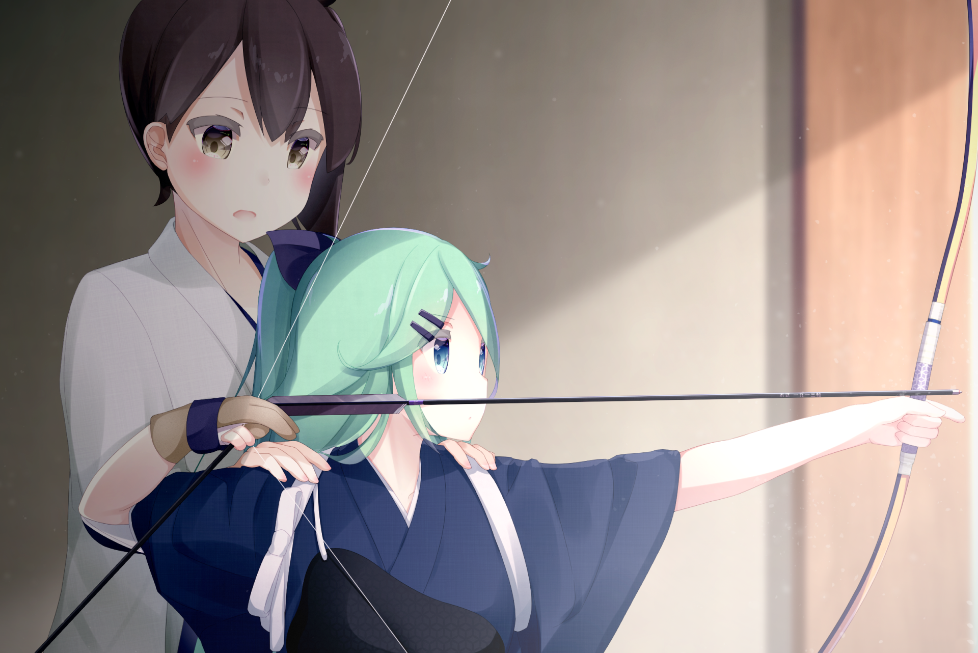 HD PC desktop wallpaper featuring anime characters Kaga and Yamakaze from Kantai Collection practicing archery indoors.