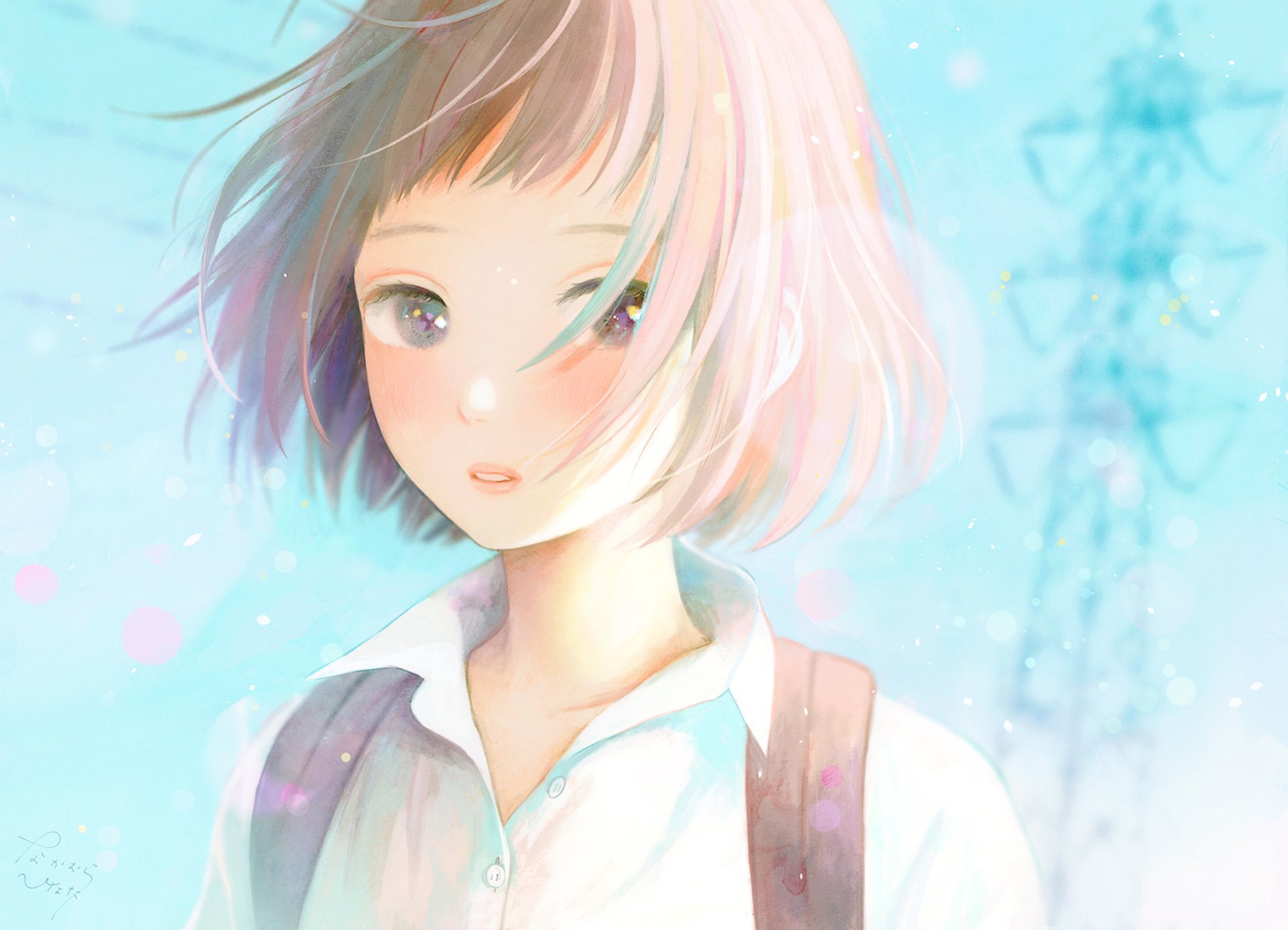 Anime Original HD PC desktop wallpaper: pastel portrait of a short pink‑haired girl in a white shirt and backpack against a pale blue sky with faint power lines