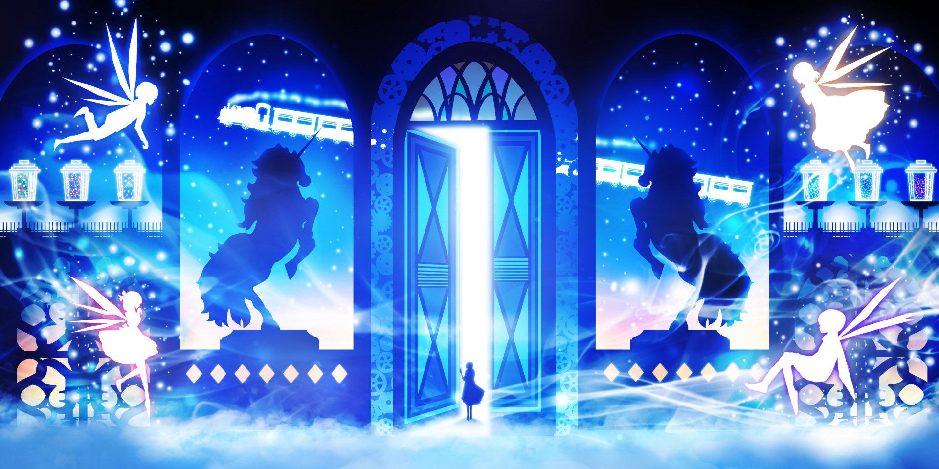 Anime original 2K Quad HD PC desktop wallpaper and background: glowing blue fantasy doorway above clouds, silhouetted riders and fairies, starry sky and floating trains.