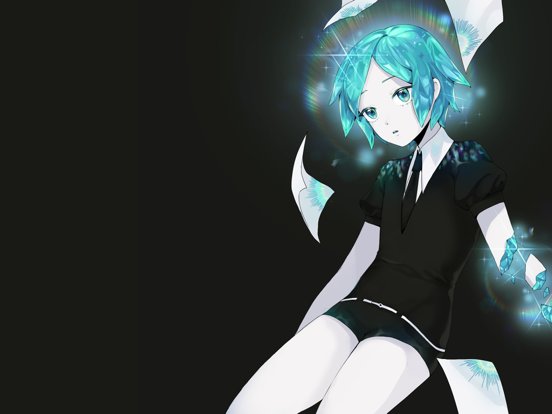 HD PC desktop wallpaper featuring Phosphophyllite from the anime Land of the Lustrous, showcasing vibrant teal hair and a dark outfit against a black background.