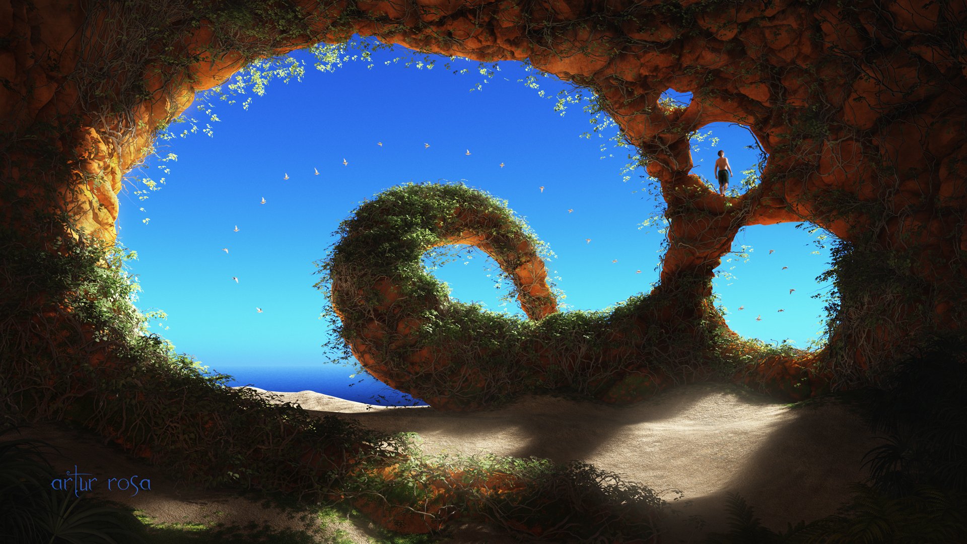 HD fantasy PC wallpaper showing a child standing inside a glowing cave with twisted, vine-covered rock formations against a bright blue sky.
