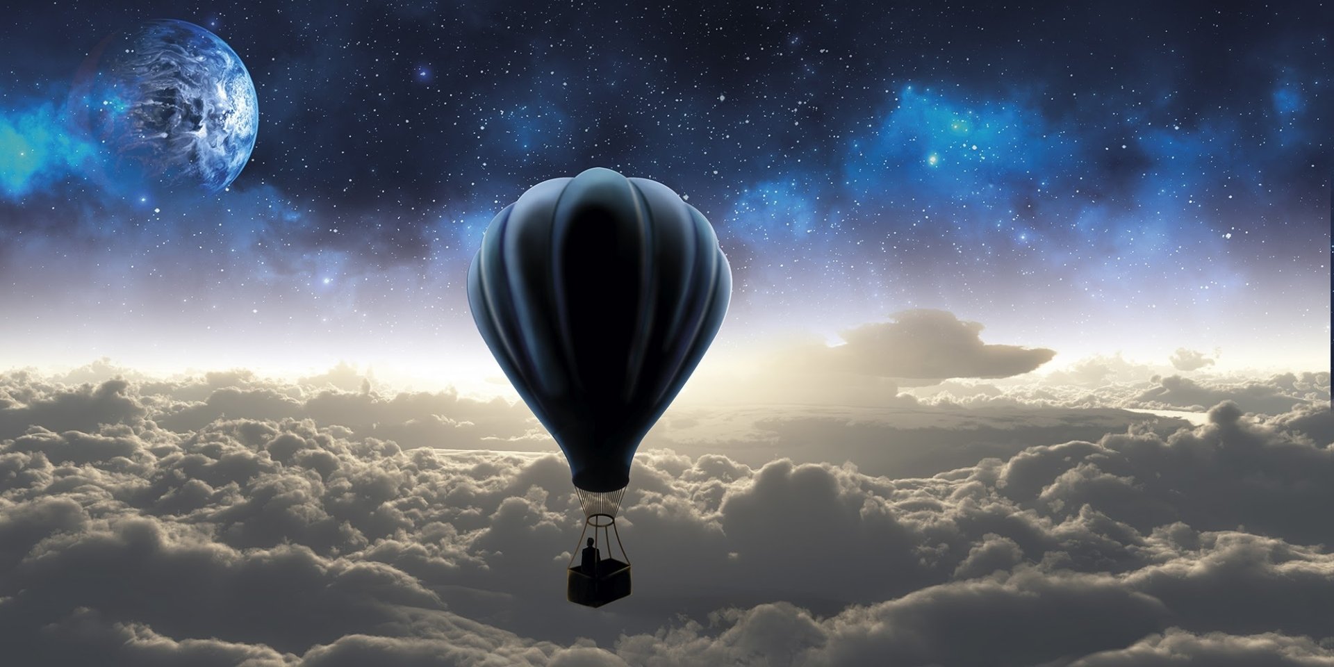 A hot air balloon floats above clouds beneath a glowing moon in a fantasy-themed, artistic HD PC desktop wallpaper.