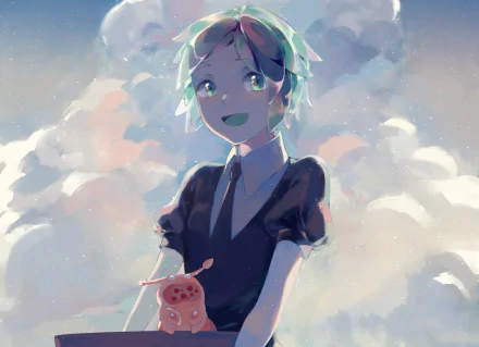 Bright HD desktop wallpaper of Phosphophyllite from Land of the Lustrous (Wentricosus): smiling crystalline-haired anime figure holding a small cup against soft clouded skies.