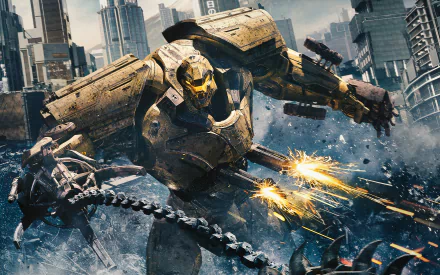 HD desktop wallpaper and background from the movie Pacific Rim: Uprising, featuring a large mechanical Jaeger battling a monstrous Kaiju in a cityscape.