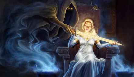A ghostly figure guides a blonde elf in a white dress playing a glowing sword like a violin, set in a mystical fantasy scene for an HD PC desktop wallpaper.