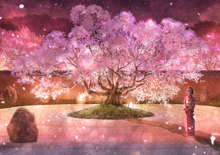 Original Spring Anime HD PC desktop wallpaper and background: a glowing sakura cherry blossom tree in spring blooms in a candlelit courtyard as a lone kimono-clad figure watches falling petals.
