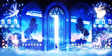 Anime original 2K Quad HD PC desktop wallpaper and background: glowing blue fantasy doorway above clouds, silhouetted riders and fairies, starry sky and floating trains.