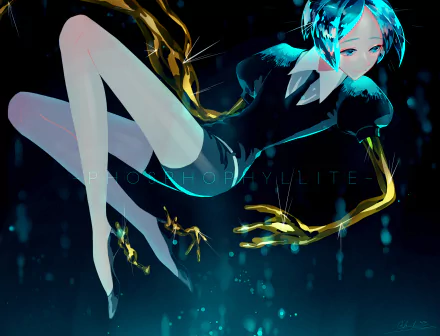 Phosphophyllite (Land of the Lustrous) anime character floating against a deep teal backdrop with glowing gold crystal fragments and pale-blue hair — HD PC desktop wallpaper/background.