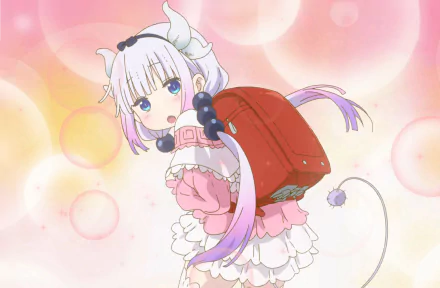 Kanna Kamui from Miss Kobayashi's Dragon Maid with blue eyes and a blush on her cheeks, wearing a pink outfit and a red backpack. The background is a soft, dreamy mix of pastel colors, creating an HD wallpaper.