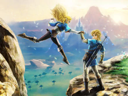 HD desktop wallpaper of Link and Zelda from The Legend of Zelda: Breath of the Wild. Link holds Zelda's hand as she leaps, with a scenic landscape in the background.