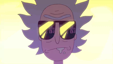 Rick Sanchez from the TV show Rick and Morty wears reflective sunglasses with the Run the Jewels logo, showcased in a vibrant 8K Ultra HD desktop wallpaper.