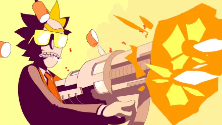HD desktop wallpaper featuring Rick Sanchez from the TV show Rick and Morty, styled with a Run the Jewels theme, holding a futuristic weapon and shooting a bright orange blast.