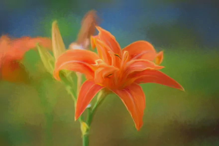 A vibrant oil painting of an orange daylily flower set against a soft green and blue nature background, rendered in 4K Ultra HD for PC desktop wallpaper.