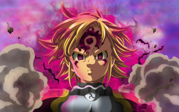 HD wallpaper featuring Meliodas from the anime The Seven Deadly Sins, with a vibrant background, showcasing intense expressions and magical elements.
