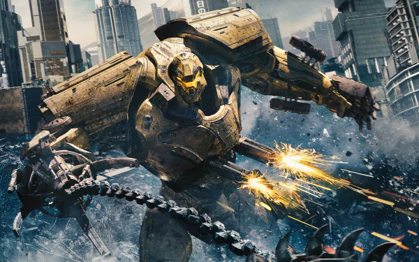 HD desktop wallpaper and background from the movie Pacific Rim: Uprising, featuring a large mechanical Jaeger battling a monstrous Kaiju in a cityscape.