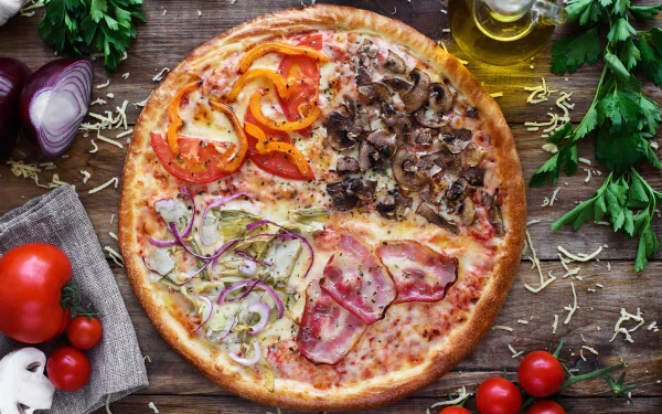HD desktop wallpaper featuring a vibrant still life of a pizza topped with tomatoes, mushrooms, peppers, onions, and herbs, surrounded by fresh ingredients and olive oil.