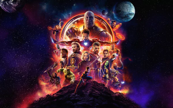 HD desktop wallpaper of Avengers: Infinity War, featuring a vibrant collage of characters against a cosmic background, with planets and colorful nebulae.