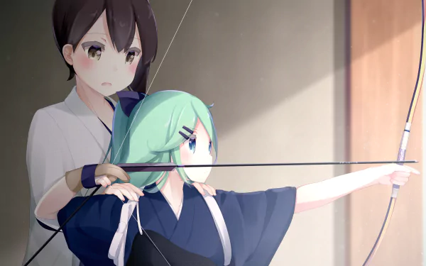 HD PC desktop wallpaper featuring anime characters Kaga and Yamakaze from Kantai Collection practicing archery indoors.