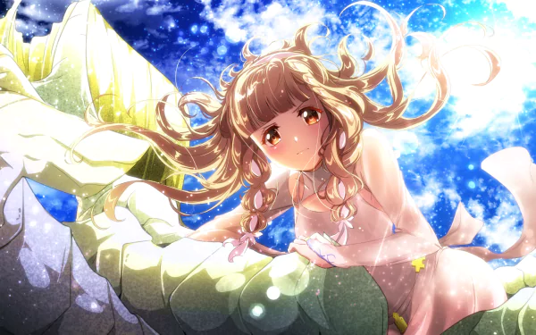 HD PC desktop wallpaper featuring Maquia from the anime Maquia: When the Promised Flower Blooms, set against a vibrant, celestial blue sky background.