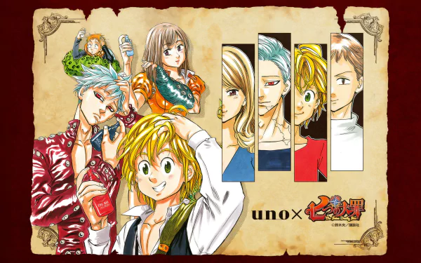 HD desktop wallpaper featuring characters Diane, King, Ban, and Meliodas from the anime The Seven Deadly Sins, with a vintage map background. Text includes uno x The Seven Deadly Sins branding.