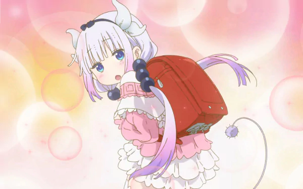 Kanna Kamui from Miss Kobayashi's Dragon Maid with blue eyes and a blush on her cheeks, wearing a pink outfit and a red backpack. The background is a soft, dreamy mix of pastel colors, creating an HD wallpaper.