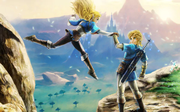 HD desktop wallpaper of Link and Zelda from The Legend of Zelda: Breath of the Wild. Link holds Zelda's hand as she leaps, with a scenic landscape in the background.