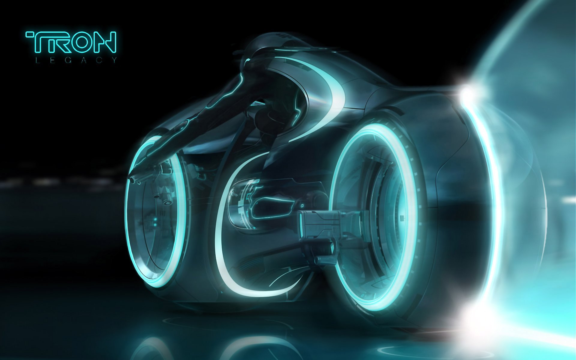 Tron Legacy bike speeding through futuristic neon cityscape.