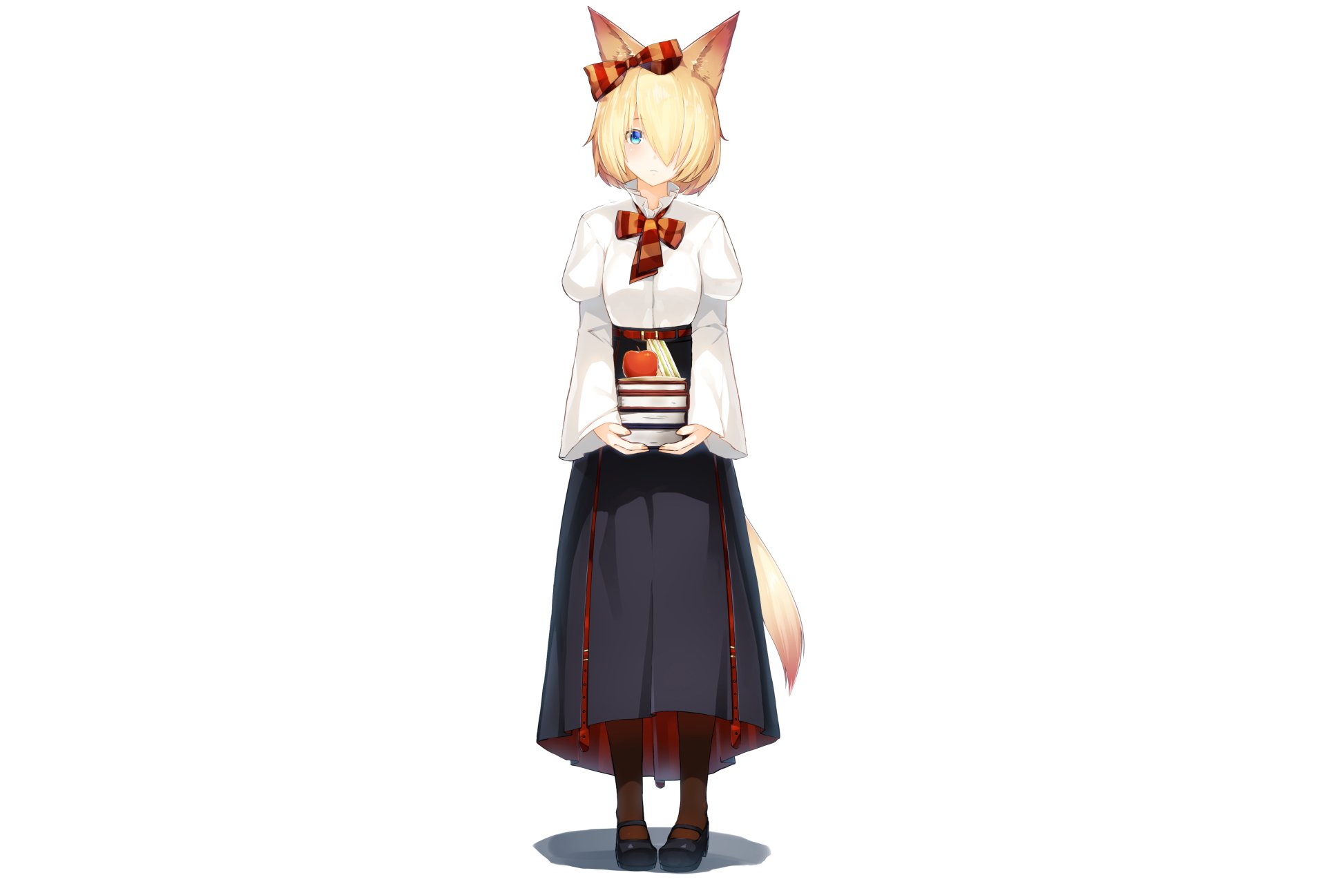 Anime, Original: blonde fox-girl with ears and tail, white coat, red bow and dark skirt, holding a small gift box — 4K Ultra HD PC desktop wallpaper/background.