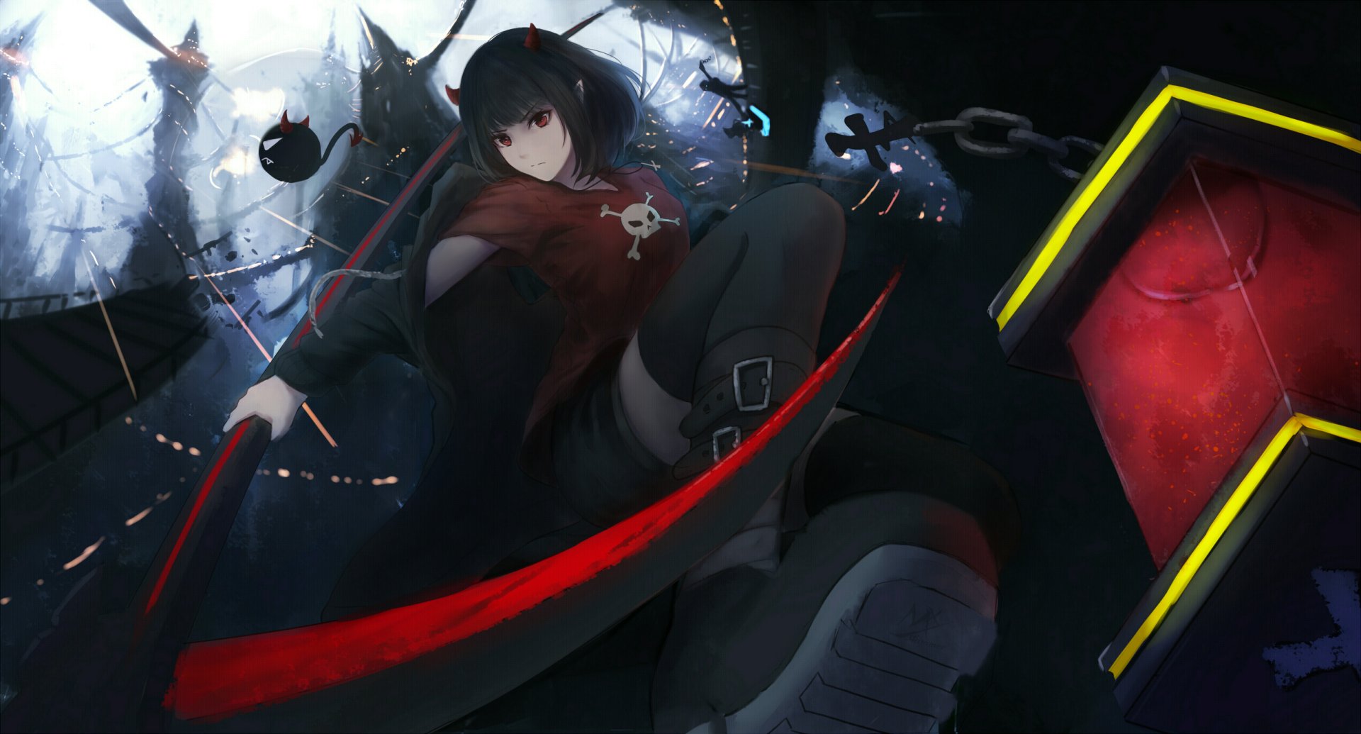 HD desktop wallpaper featuring an original anime character wielding a large red scythe. The background is dark with a mystical atmosphere, accentuated by glowing neon elements.