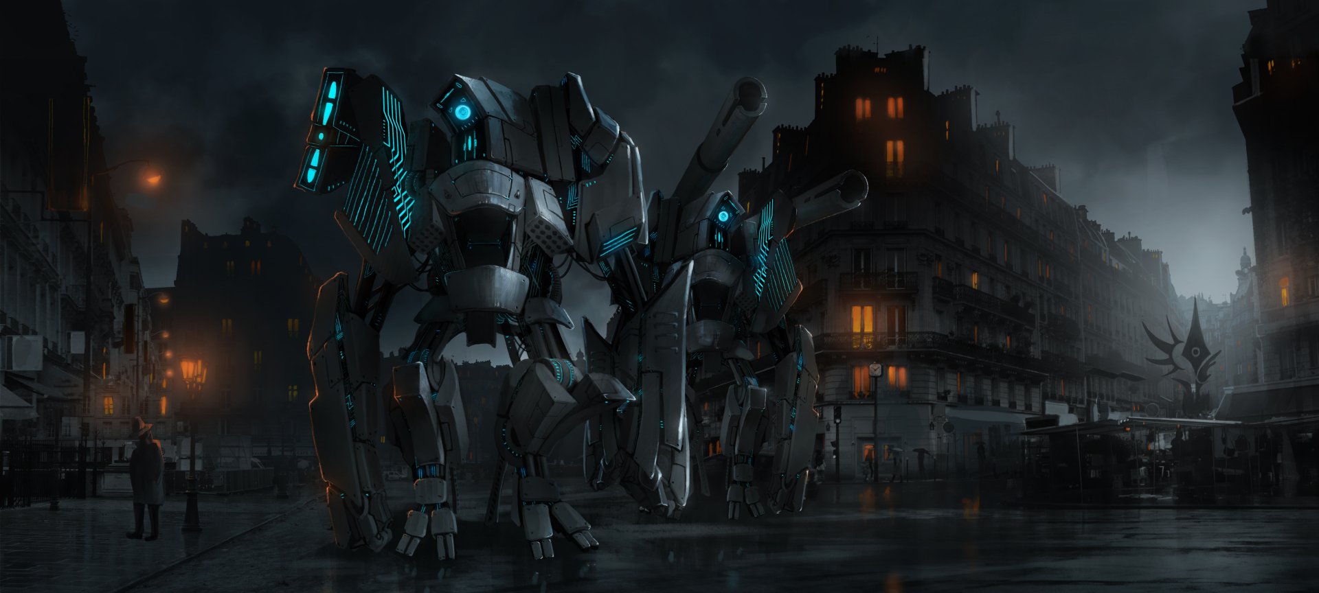 Anime Original 4K Ultra HD PC Desktop Wallpaper and Background — a towering blue-lit mech strides through rain-slick, neon-reflected streets with a shadowy, lit-window apartment block behind it.